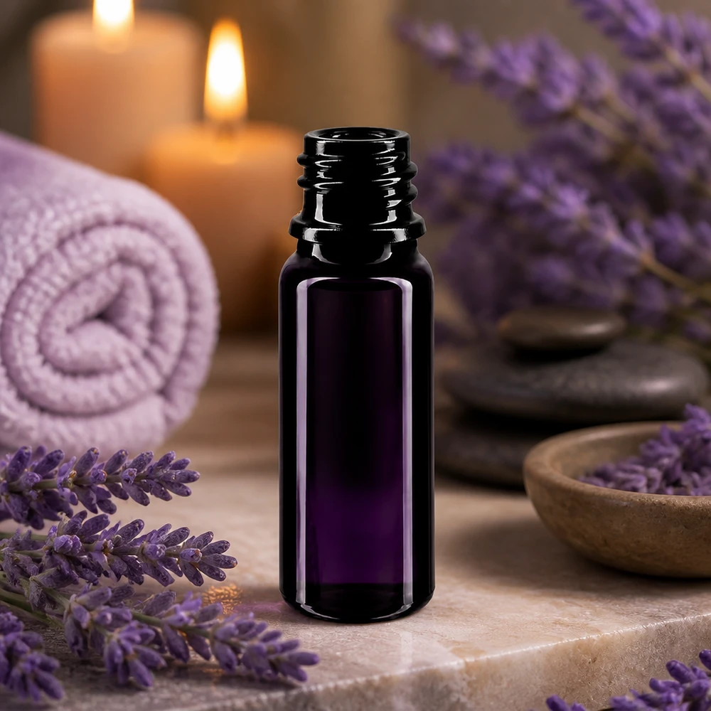 Frasco de vidro violeta 10ml DIN 18 (Mironglas) Pequeno frasco de vidro violeta de 10 ml com rosca DIN 18, ideal para aplicações de óleo de lavanda e spa
