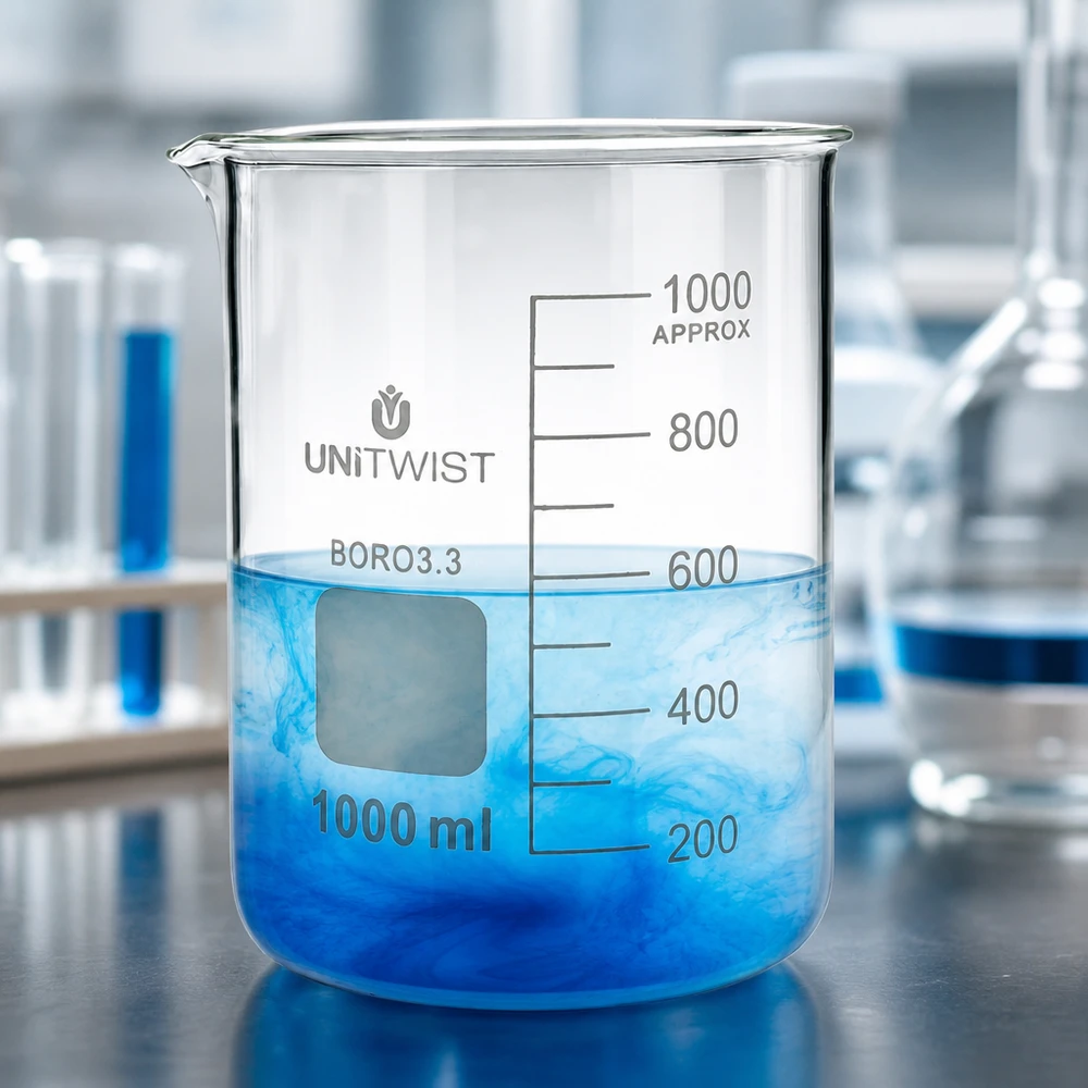 Copo 1000 ml de borossilicato, baixo teor de bolor UNiTWIST Copo de vidro de borossilicato transparente de 1000 ml, de formato baixo, com líquido azul e escala de medição