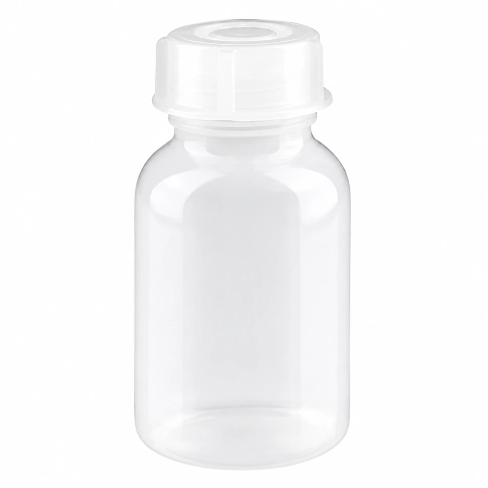 Frasco de laboratório de 100 ml com gargalo largo e tampa de rosca Frasco de laboratório transparente de 100 ml, de gargalo largo, com tampa de rosca branca em plástico