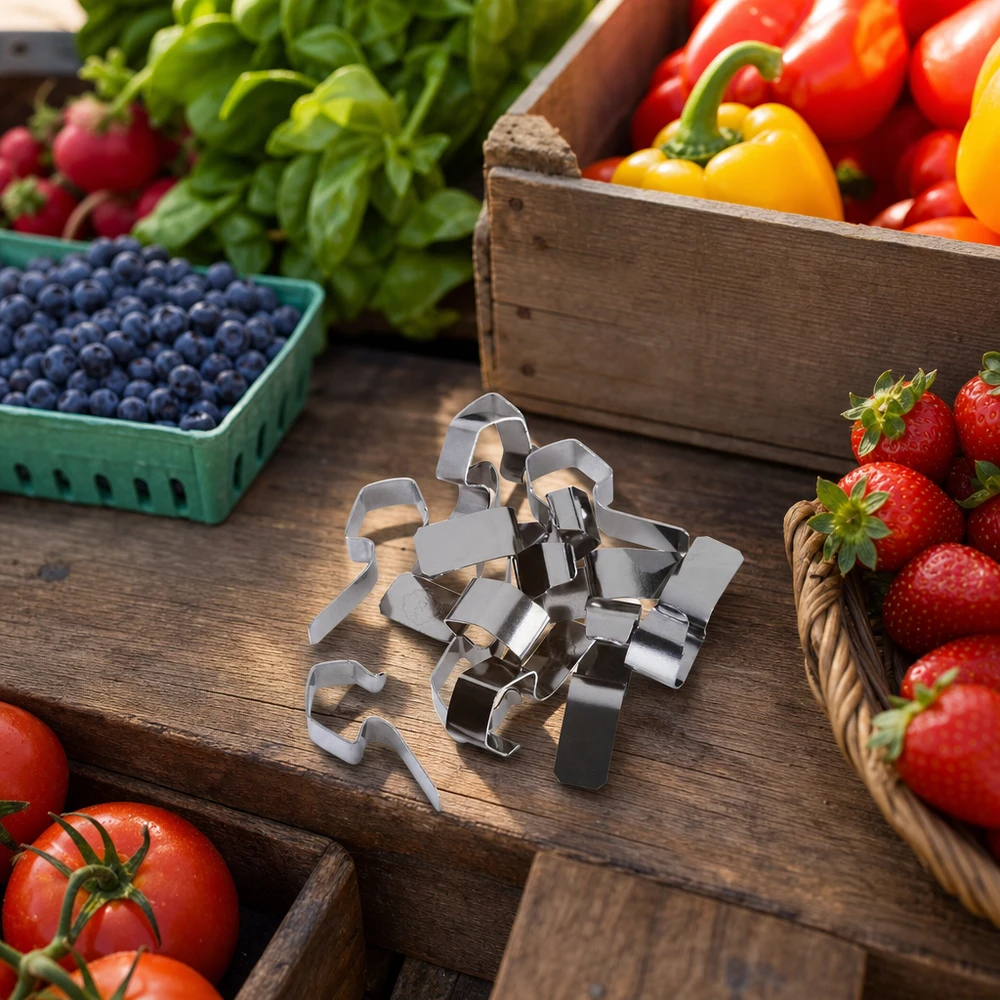 Pinça de conservação Pinças de conservação em aço inoxidável rodeadas por legumes frescos, fruta e bagas numa mesa de madeira rústica Acessórios de cozinha