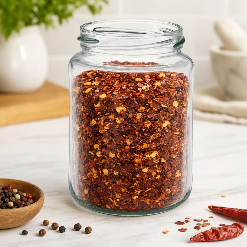 UNiTWIST Runda382 copo redondo de 382 ml TO66 cheio de mistura de especiarias e malagueta em cozinha clara sobre mesa de mármore