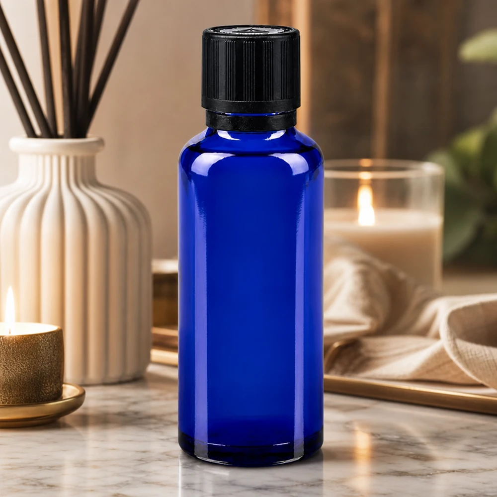 Frasco conta-gotas azul de 30 ml em vidro de farmácia, com tampa original preta e inserção de 1 mm