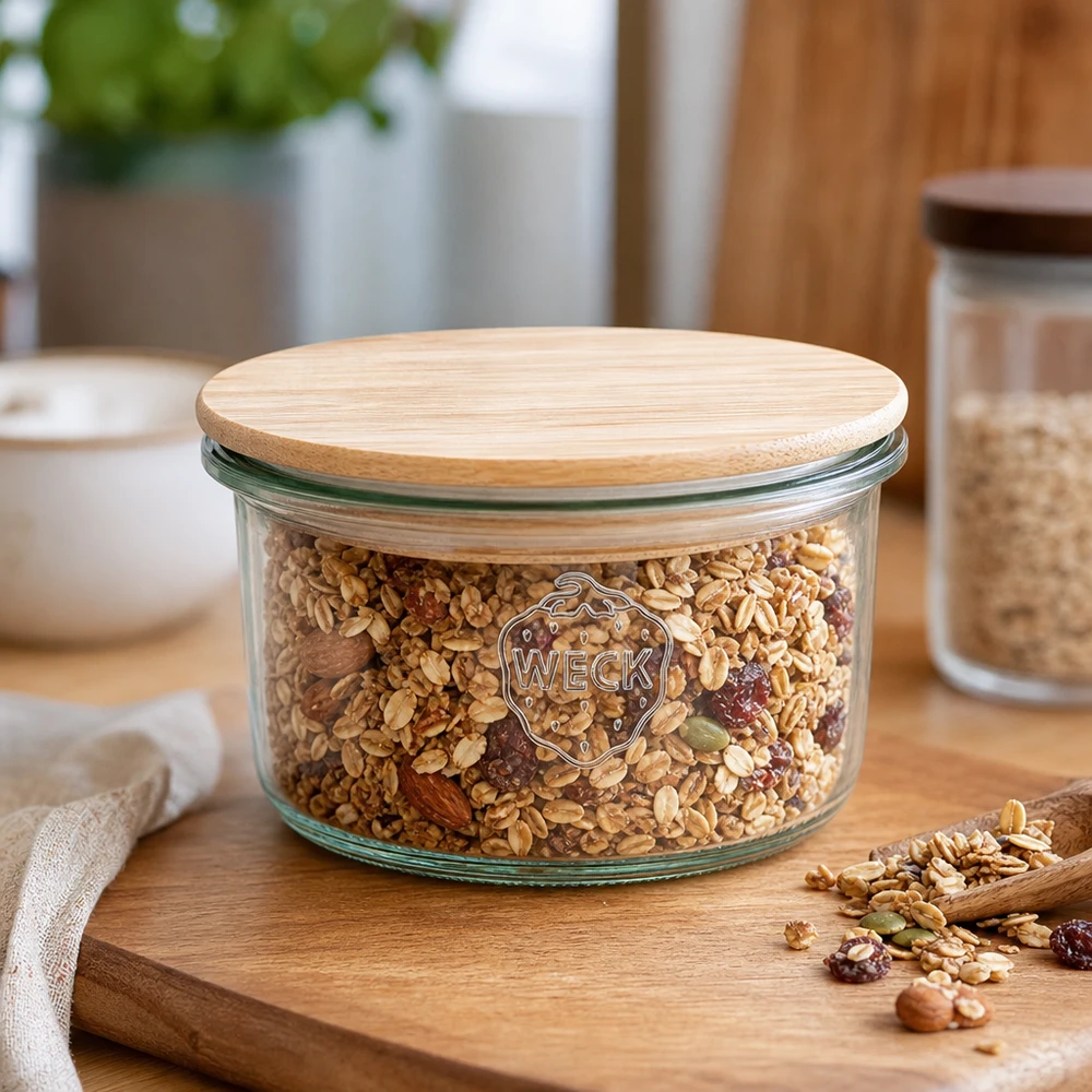 WECK RR80 Frasco de vidro de 165 ml com tampa de bambu cheio de mistura de muesli numa tábua de madeira numa cozinha moderna