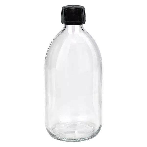 Frasco de medicamento de 500ml transparente, tampa preta com anel inviolável ApoGlas Frasco de medicamento de 500ml transparente, tampa preta com anel inviolável ApoGlas