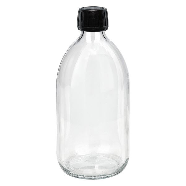 Frasco de medicamento de 500ml transparente, tampa preta com anel inviolável ApoGlas