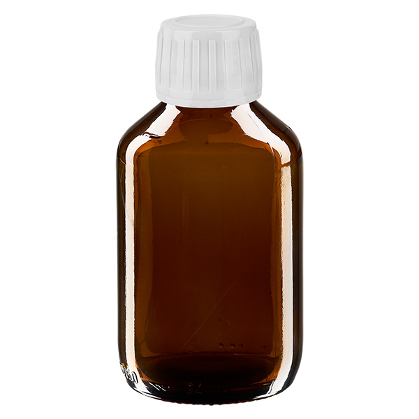 Frasco de medicamento Euro 150ml castanho PP28. com tampa de rosca branca Frasco de medicamento Euro 150ml castanho PP28. com tampa de rosca branca