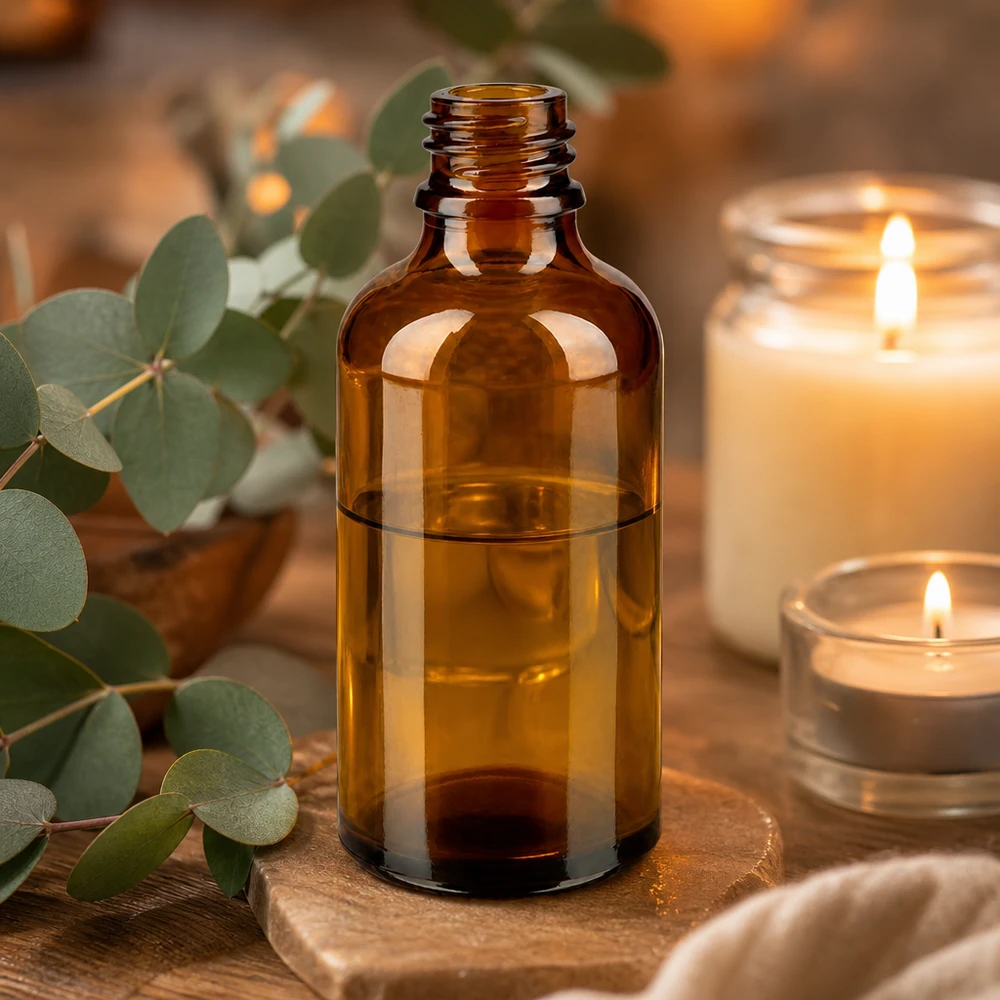 Frasco conta-gotas 50 ml DIN 18 em vidro âmbar Frasco de vidro castanho de 50 ml ApoGlas frasco de farmácia com óleo essencial ao lado de velas e eucalipto