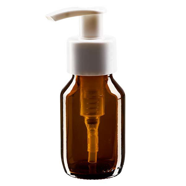 Frasco de remédio de 50ml marrom, com bomba dispensadora branca ApoGlas