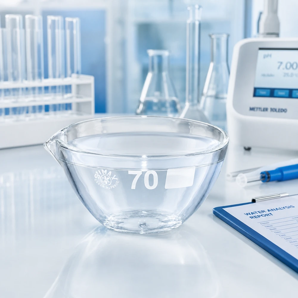 Prato de evaporação preciso 60ml ø70mm com bico para análises quantitativas e processos de evaporação no laboratório