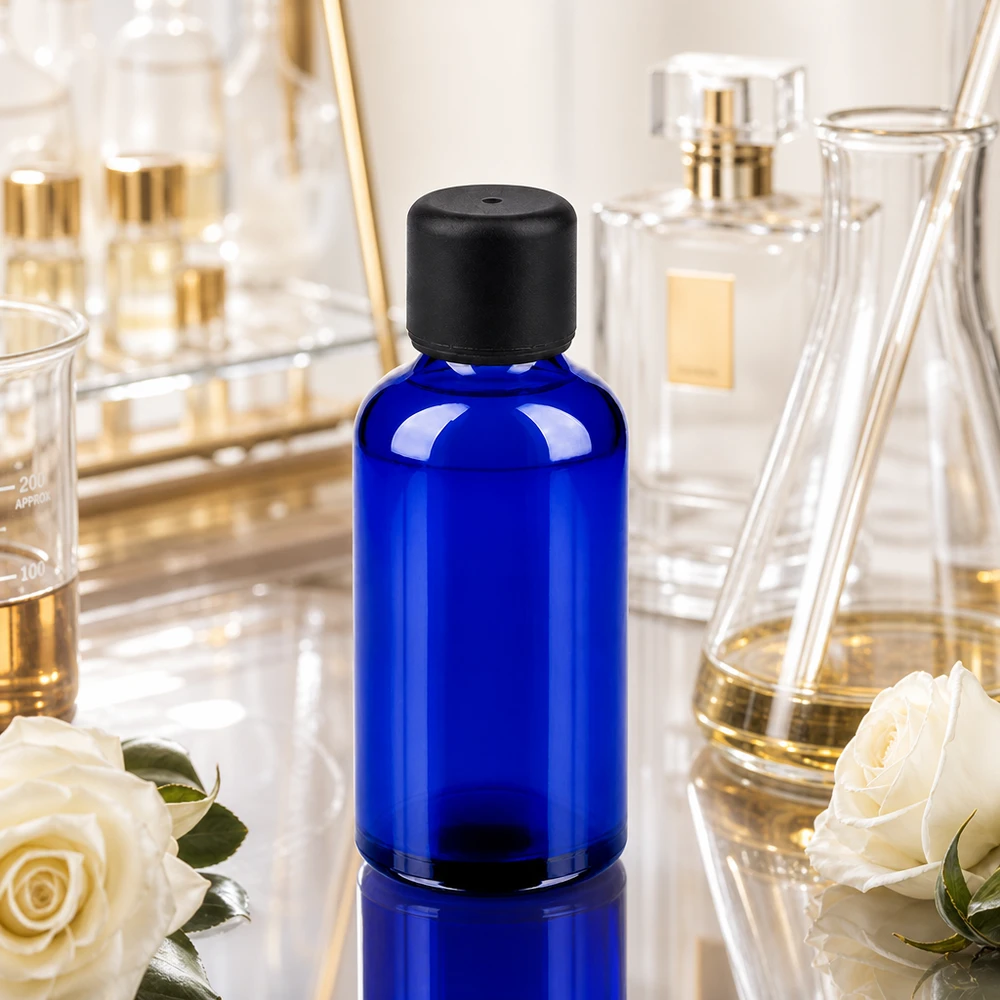 Frasco de vidro BlueLine de 50 ml de alta qualidade com proteção UV graças ao vidro azul escuro para substâncias sensíveis à luz