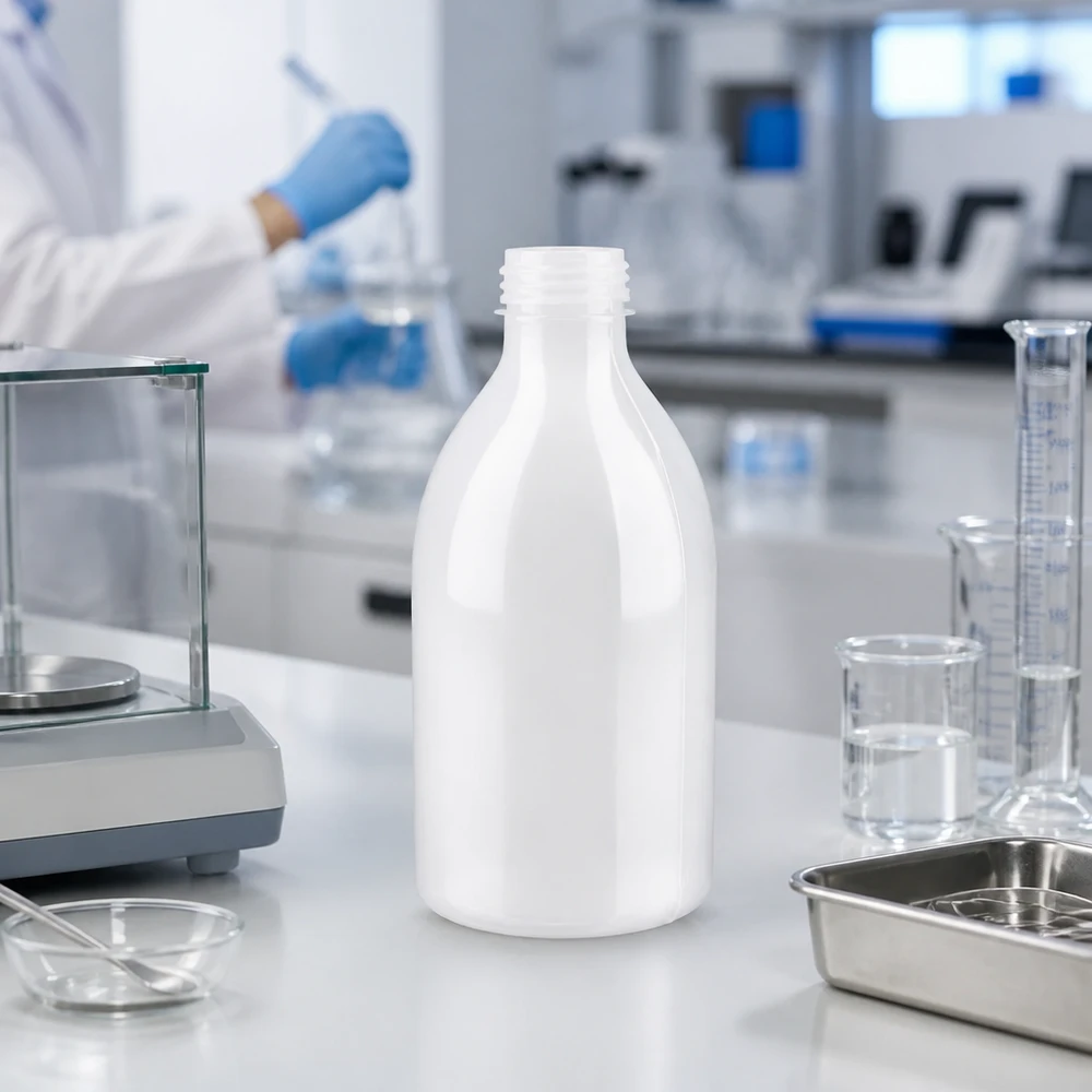 Frasco de laboratório de gargalo estreito, branco, de 250 ml, sem tampa, numa balança de laboratório, ao lado de um copo de vidro e de um cilindro graduado