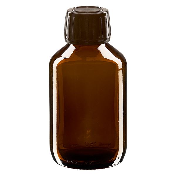 Frasco de medicamento de 150ml castanho, tampa castanha com anel inviolável ApoGlas