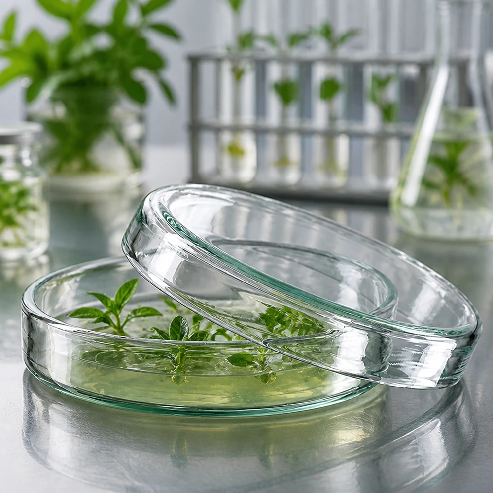Placa de Petri de 60 mm em vidro transparente de laboratório para o cultivo de microrganismos e culturas de células. Altura 15 mm Pratos de Petri de vidro de 60 x 15 mm com rebentos de plantas em solução nutritiva, em frente a tubos de ensaio no laboratório