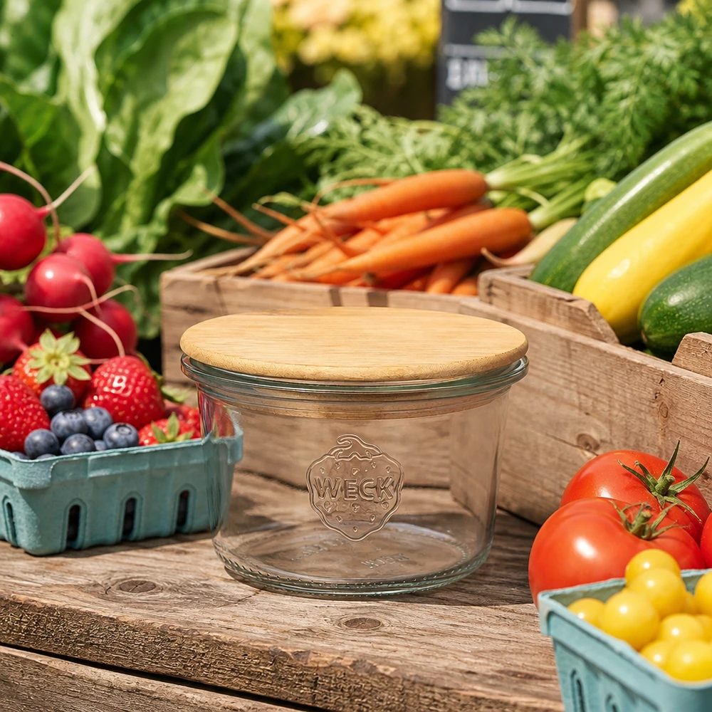 Copos de vidro WECK RR60 de 80 ml com tampa de madeira WECK Sturzglas 80ml RR60 mit Bambusdeckel auf Holztisch zwischen frischem Gemüse Obst Marktstand Atmosphäre