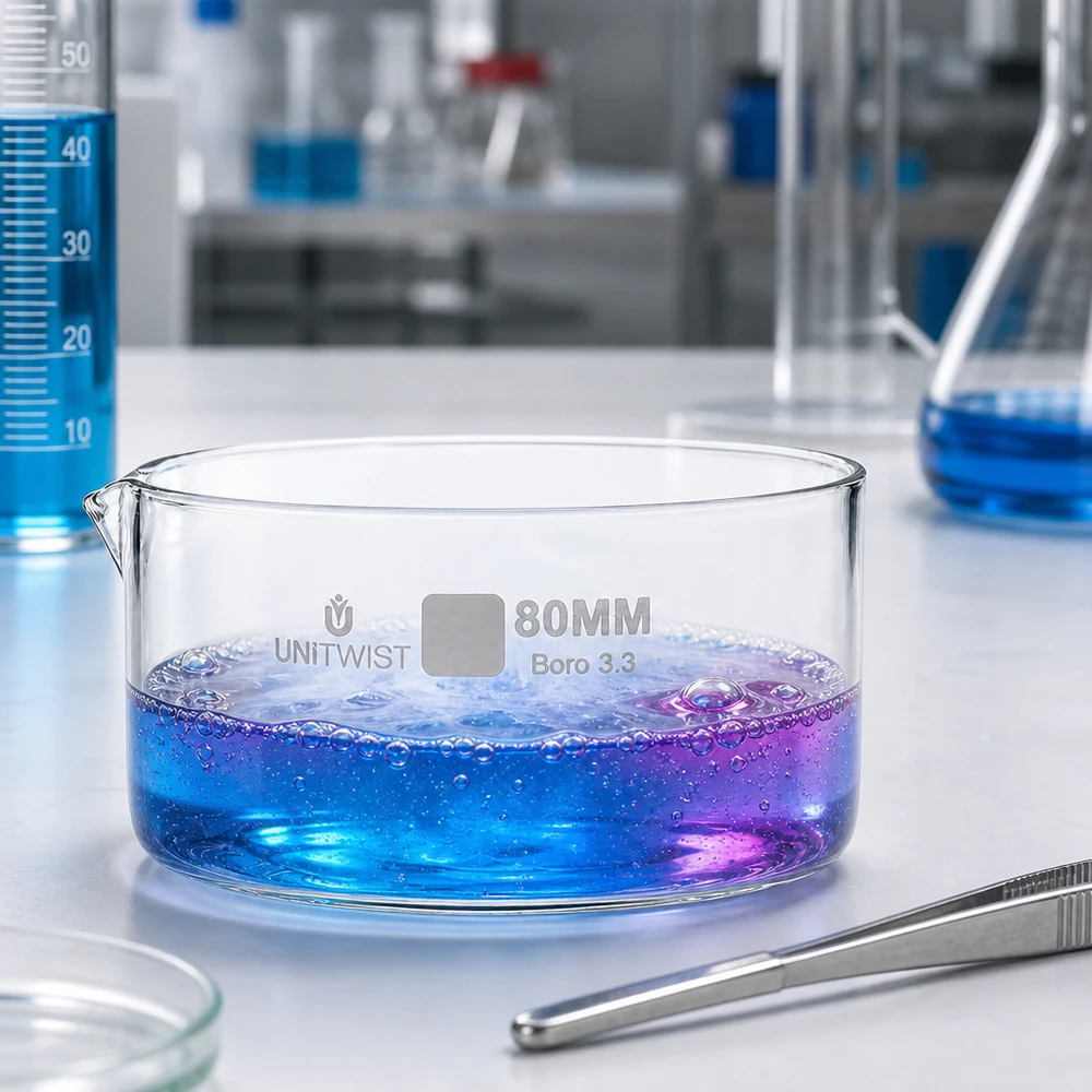 Solução azul-violeta a ferver numa taça de cristalização de 80 mm de vidro borossilicato – Experiência laboratorial UNiTWIST
