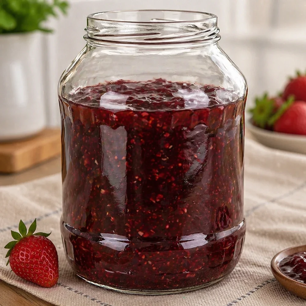 Frasco redondo de 2650 ml sem tampa (TO100) UNiTWIST Frasco esférico de 2650 ml cheio de compota de morango Frasco de conserva UNiTWIST Runda2650 com rosca TO100 Exemplo de aplicação