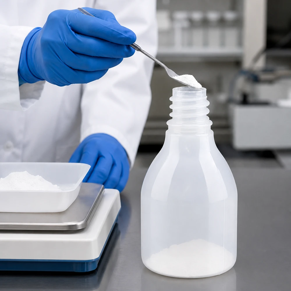 Frasco de laboratório de plástico de 30 ml, de gargalo estreito, sem tampa, a ser enchido com pó branco