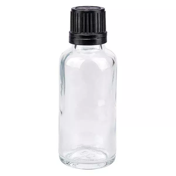 Frasco de farmácia transparente 30ml tampa conta-gotas anel de vazamento 1mm preto fecho inviolável Frasco de farmácia transparente 30ml tampa conta-gotas anel de vazamento 1mm preto fecho inviolável