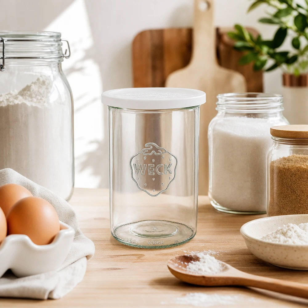 Copos de vidro de 1000ml com tampa WECK RR100 Frasco de conserva vazio WECK 1000ml RR100 com tampa fresca entre farinha ovos e utensílios de cozinha mostra acessórios de pastelaria