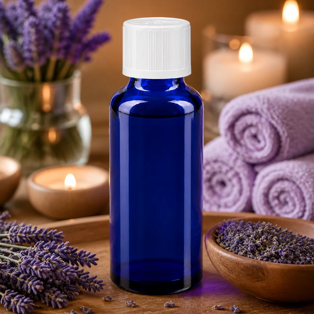 Frasco de vidro azul de 30 ml com tampa de segurança para crianças branca, com flores de lavanda e velas