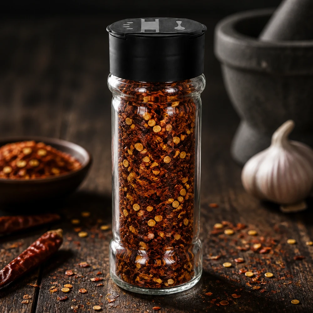 Frasco de vidro transparente de 100 ml cheio de flocos de malagueta e com tampa preta com dois orifícios