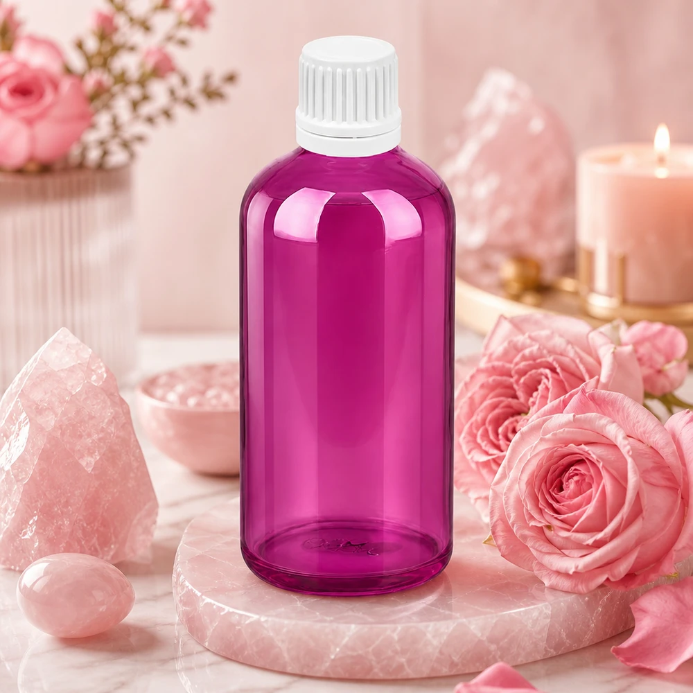 Frasco conta-gotas de 100 ml com tampa de rosca Originality branca de 0,7 mm PurpleLine UT18/100 Frasco compacto com conta-gotas de 100 ml em design roxo com proteção UV para substâncias sensíveis à luz