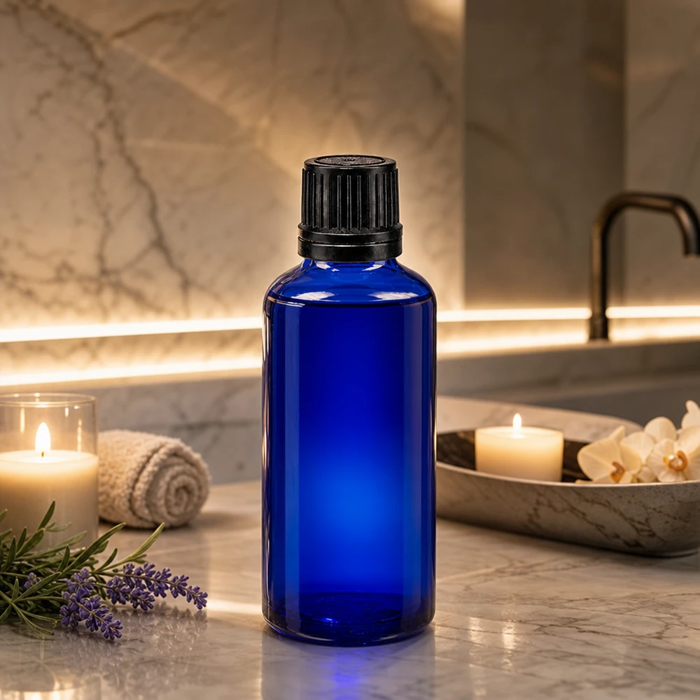 Frasco de farmácia azul 50ml conta-gotas tampa anel de vazamento 1mm preto fecho inviolável Frasco protetor contra a luz azul de 50 ml com tampa conta-gotas preta, num ambiente elegante de spa