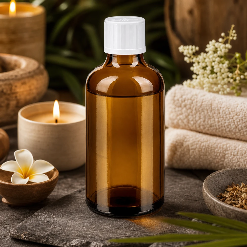 Frasco de farmácia castanho 50ml tampa de rosca branca padrão resistente a crianças Frasco de vidro castanho de 50 ml com tampa KiSi branca, num ambiente de spa com vela e toalhas
