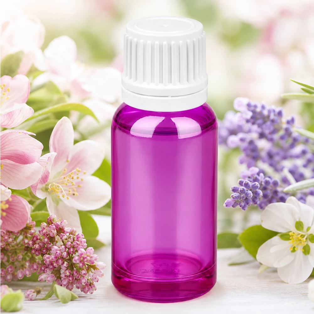 Frasco de 20ml com tampa de rosca de 11mm branca Originalidade tampa de rosca PurpleLine UT18/20 Frasco de vidro violeta elegante de 20 ml com tampa SV branca para essências e extractos de alta qualidade