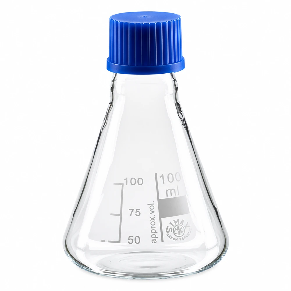 Frasco Erlenmeyer 100ml com tampa de rosca Erlenmeyer de 100 ml em vidro com tampa de rosca azul para aplicações laboratoriais