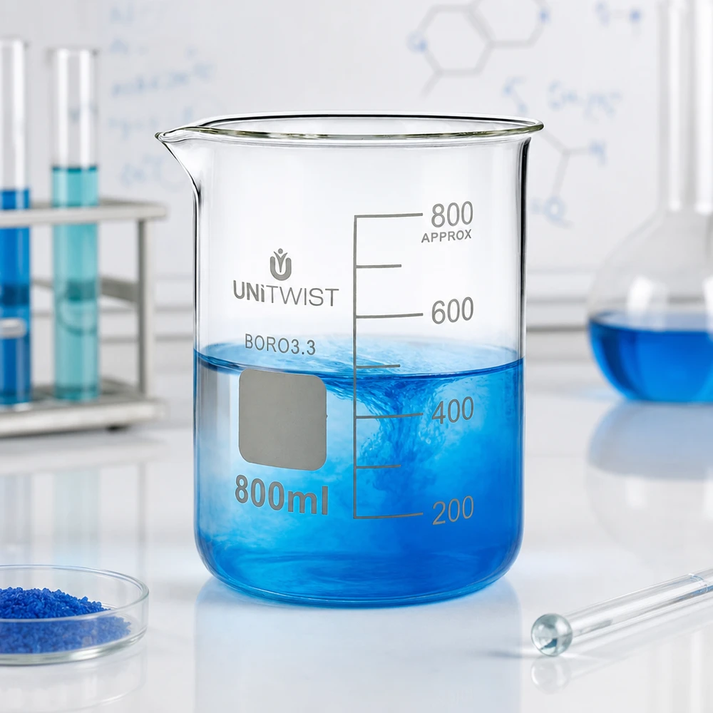 Imagem de laboratório: copo UNiTWIST de 800 ml, borossilicato 3.3, formato baixo, com solução azul