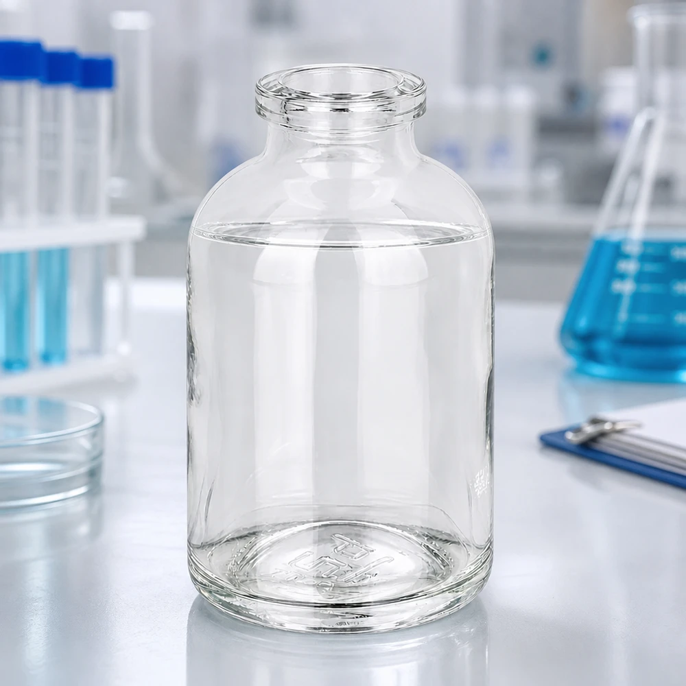 Frasco de injeção de vidro transparente 50ml Kompakte Injektionsflasche 50ml Klarglas mit charakteristischer Schulterform und Enghals