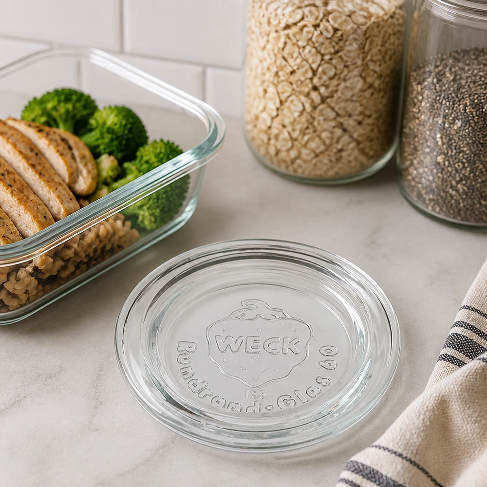 Tampa de vidro WECK RR60 em bancada de mármore ao lado de recipiente de preparação de refeições com brócolos e frascos de arrumação Estilo de vida na cozinha