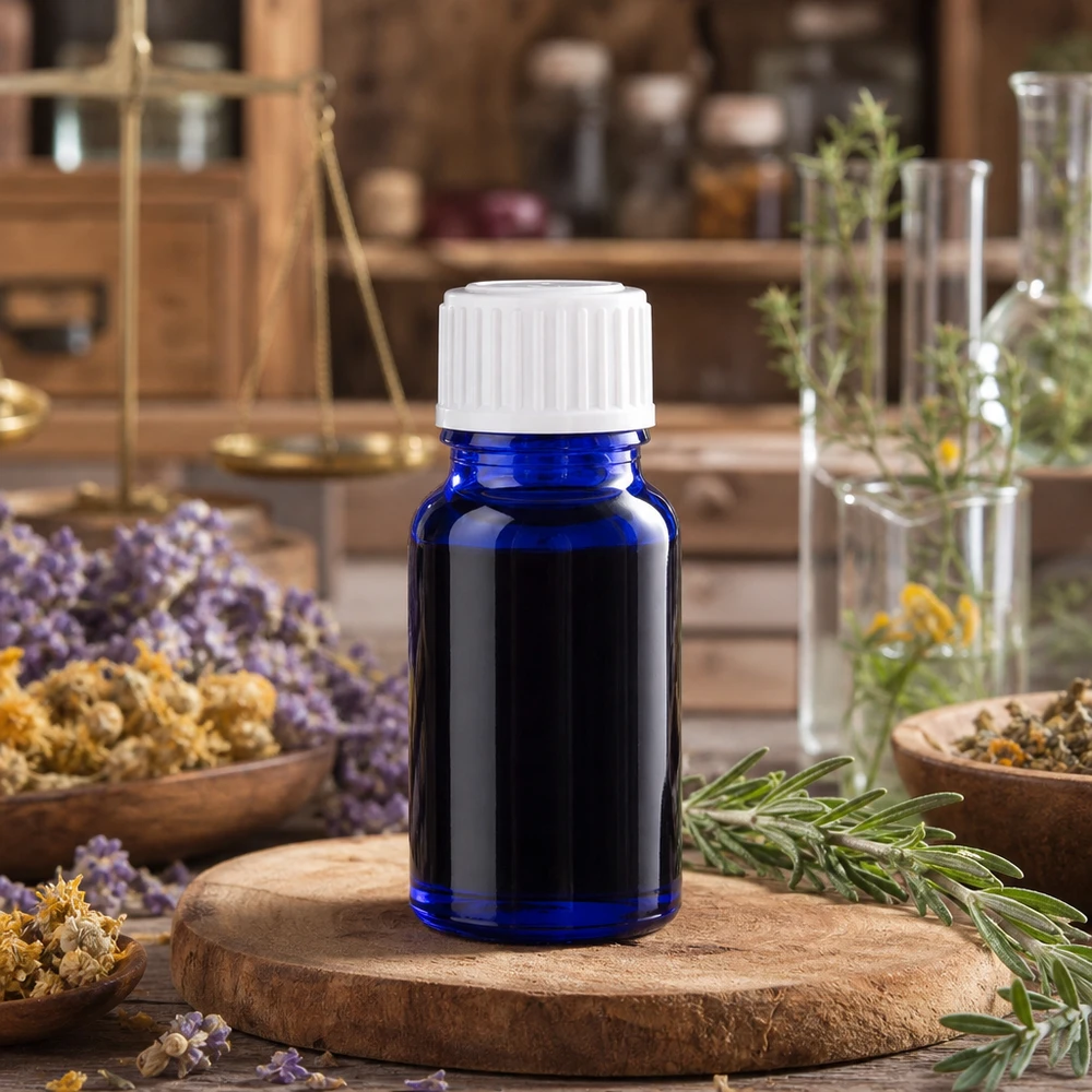 Frasco azul de 10 ml com tampa de rosca branca, rodeado por lavanda e ervas medicinais
