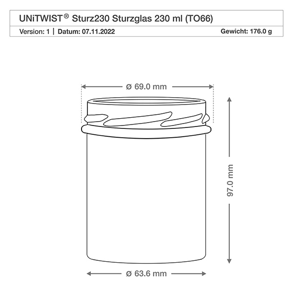 Copos de vidro de 230ml sem tampa (TO66) UNiTWIST UNITWIST Sturz230 copos 230ml TO66 desenho técnico com dimensões 69mm diâmetro 97mm altura peso 176g