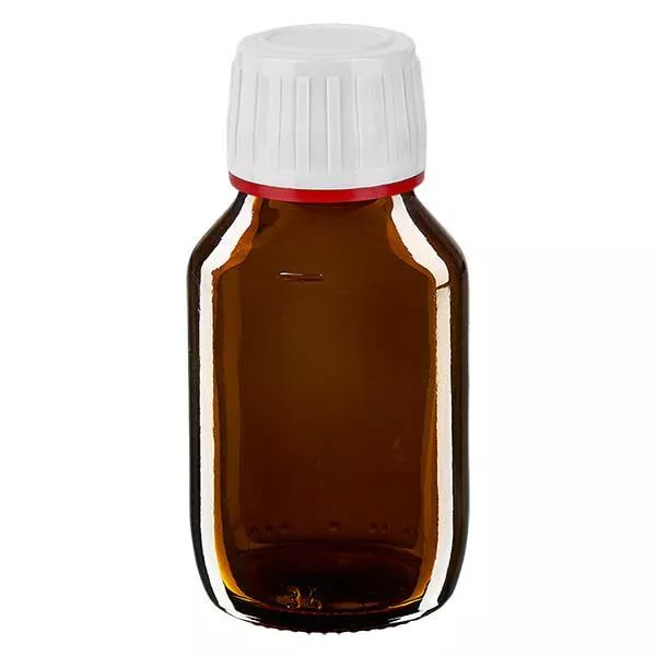 Frasco para medicamentos de 50 ml castanho, tampa branca com anel inviolável ApoGlas vermelho Frasco para medicamentos de 50 ml castanho, tampa branca com anel inviolável ApoGlas vermelho