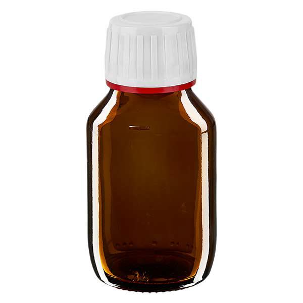 Frasco para medicamentos de 50 ml castanho, tampa branca com anel inviolável ApoGlas vermelho