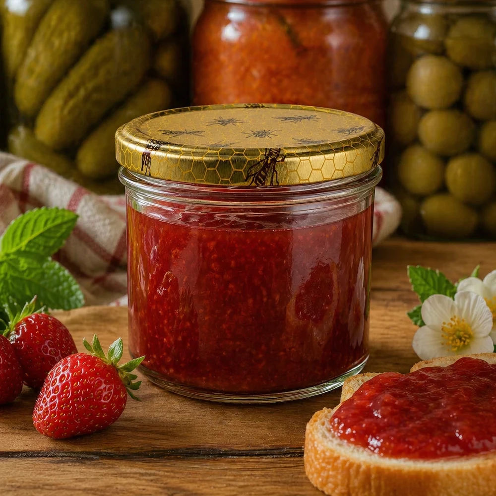 Frasco de mel em favo de mel de 250 g cheio de compota ao lado de morangos frescos e pão numa mesa de madeira