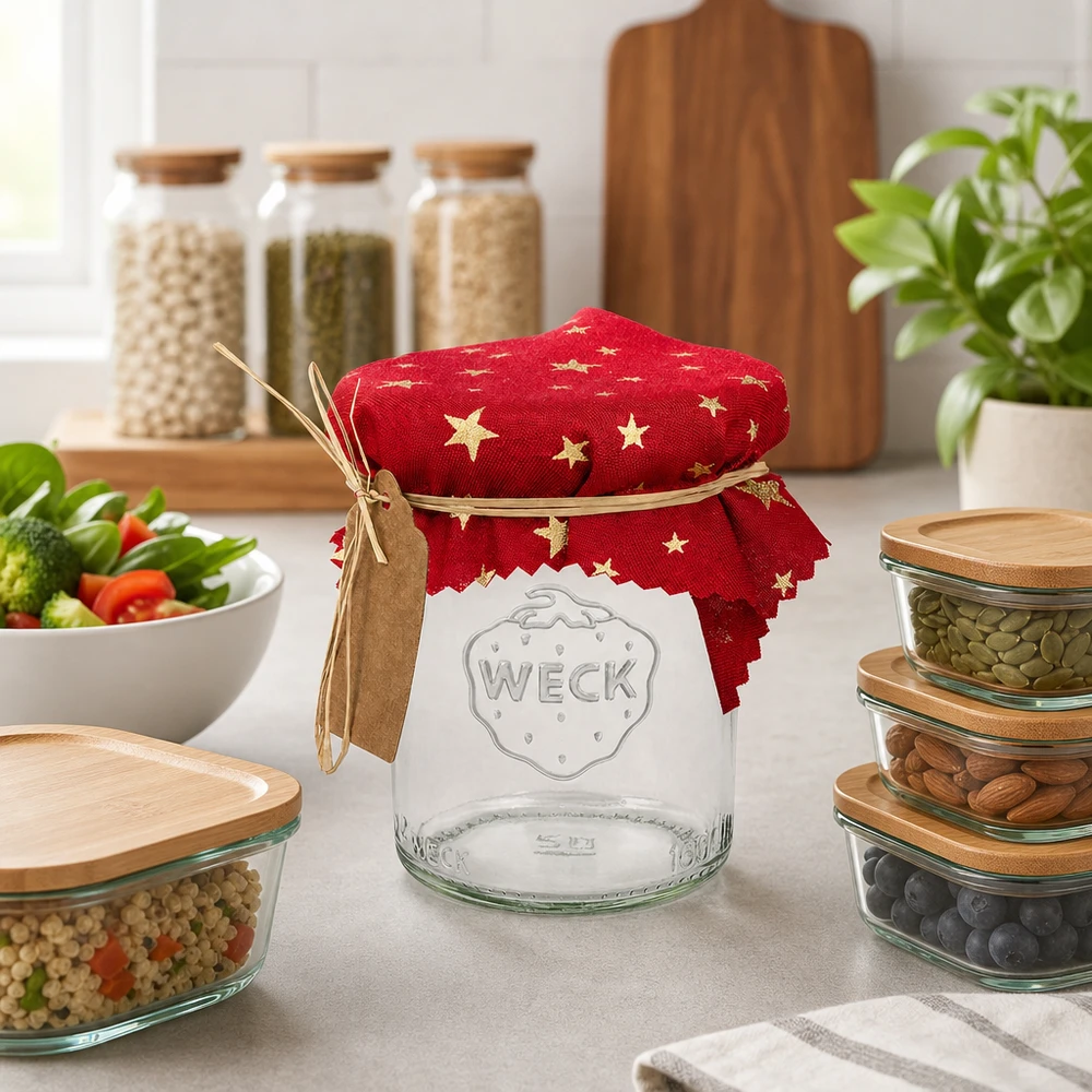 Pano de cozinha para jóias vermelho "estrelas" quadrado de 12 cm Pano de cozinha com estrelas vermelhas de 12 cm sobre mesa de cozinha em vidro WECK vazia com frascos de arrumação e legumes frescos Ambiente