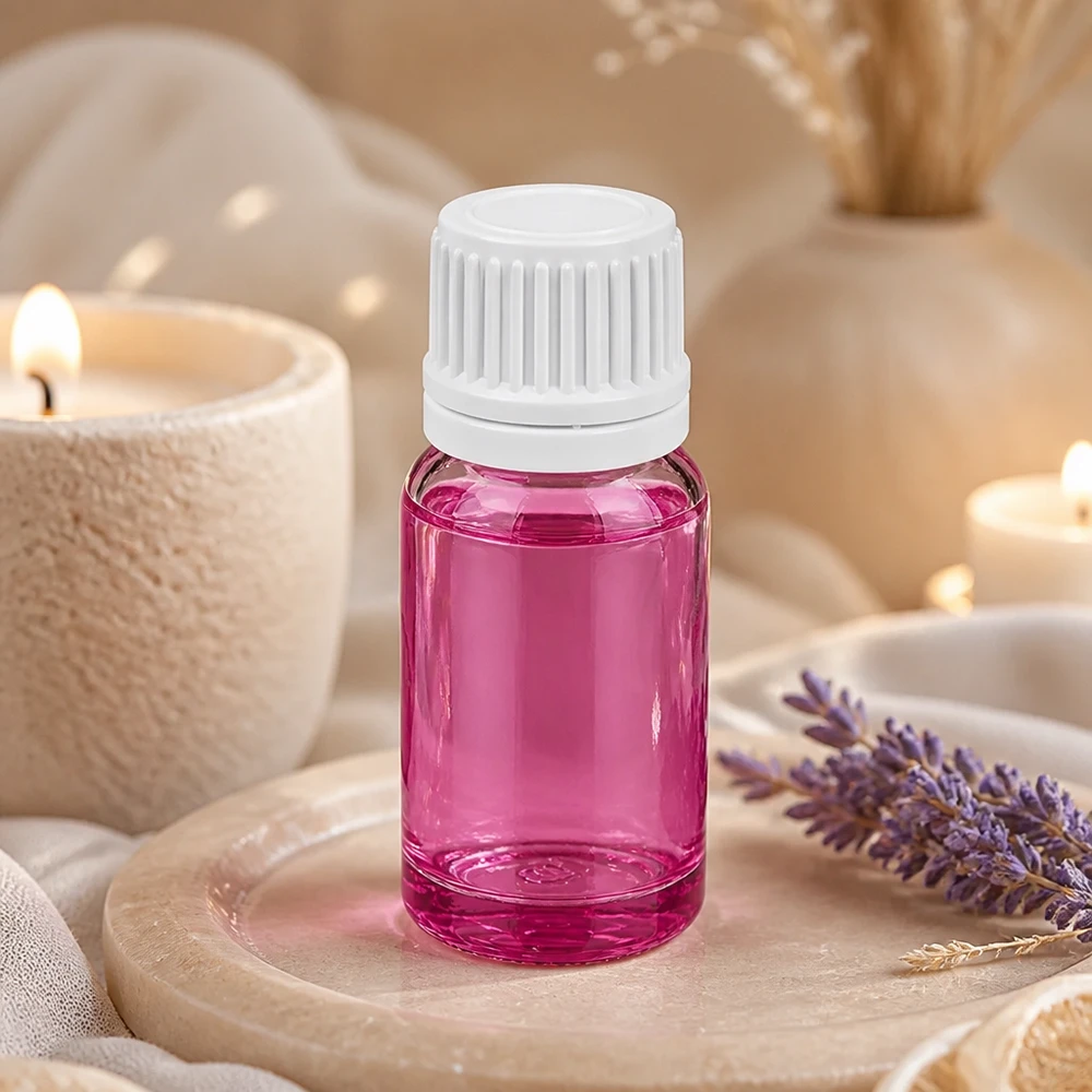 Frasco compacto de vidro violeta de 10 ml com tampa branca, ideal para viajar e estar em movimento