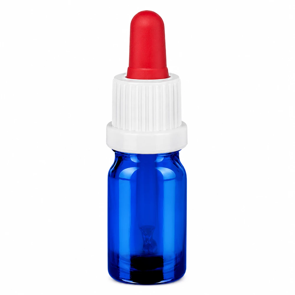 Frasco pipeta de 5 ml branco/vermelho com fecho inviolável BlueLine UT18/5 Frasco de pipeta de 5 ml em vidro azul com tampa branca e acessório de pipeta vermelho para uma dosagem precisa