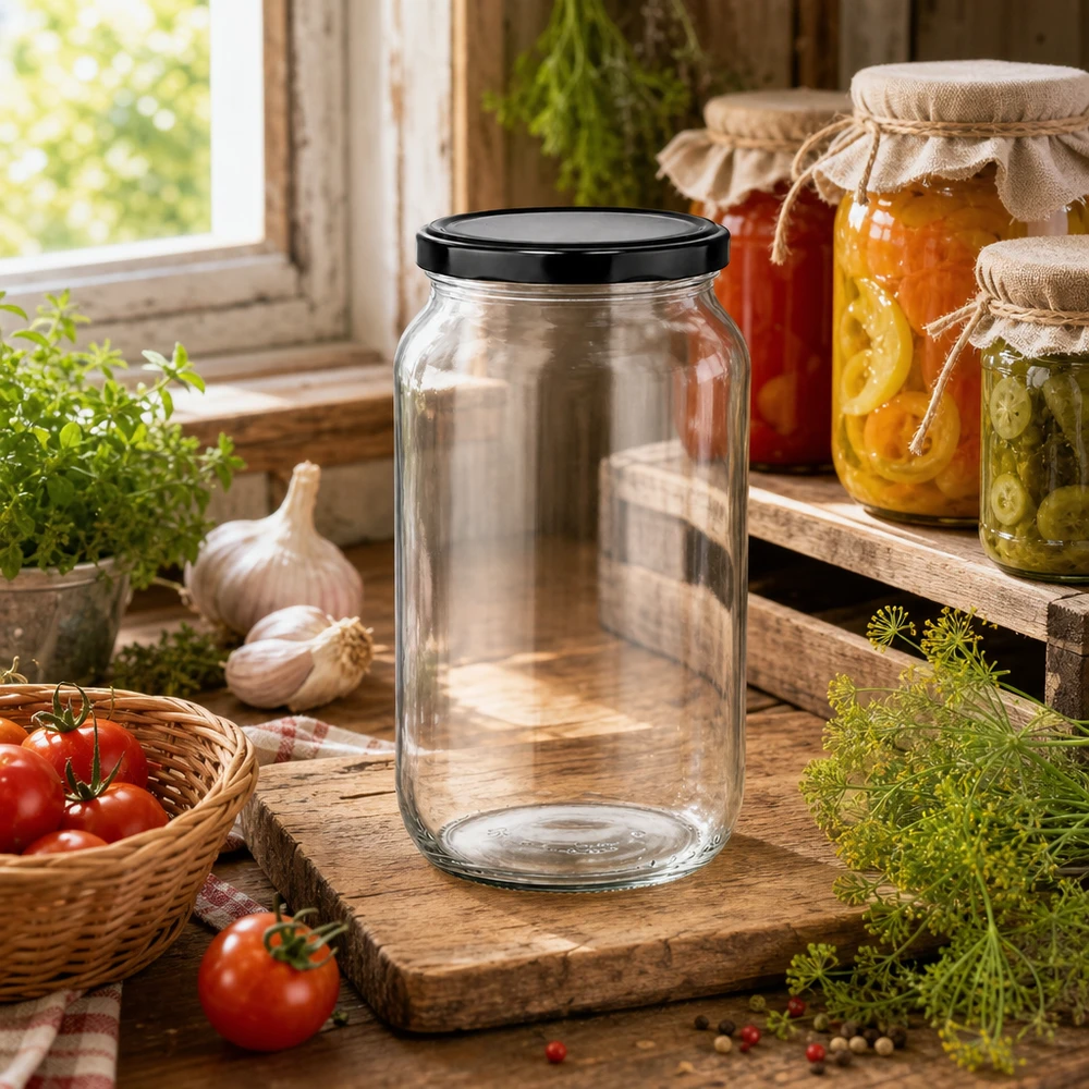 Frasco redondo de 1062 ml com tampa BasicSeal em design de cozinha rústica - frasco de conservação versátil para compotas e conservas