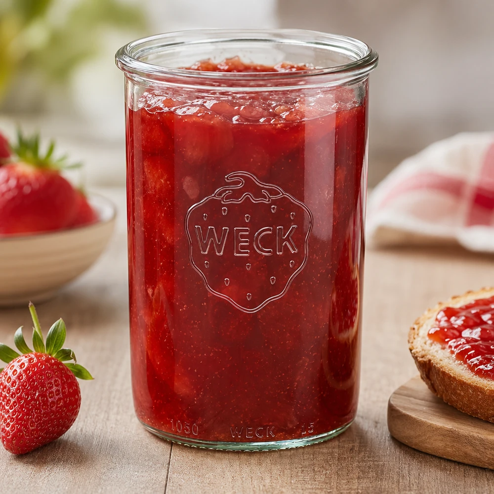 Frasco de vidro de 1000 ml WECK RR100 Frasco WECK 1000ml RR100 cheio de compota de morango numa mesa de madeira com morangos frescos e pão