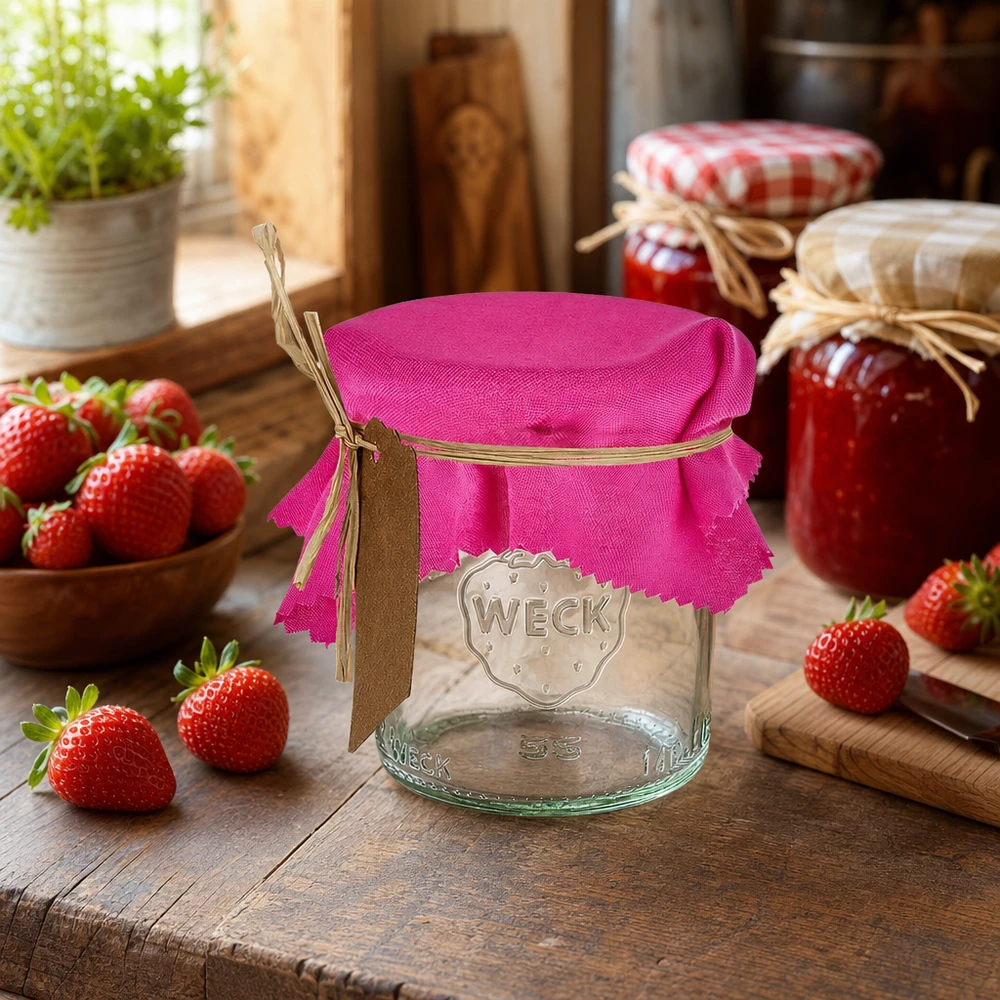Pano decorativo cor-de-rosa de 12 cm quadrado num frasco de conserva numa cozinha rústica com morangos frescos e frascos de compota