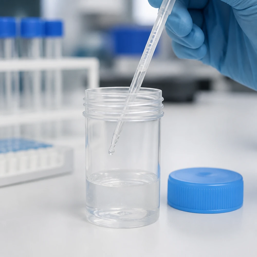 Um técnico de laboratório, com uma luva azul, pipeta um líquido transparente para dentro de um frasco de plástico aberto de 20 ml