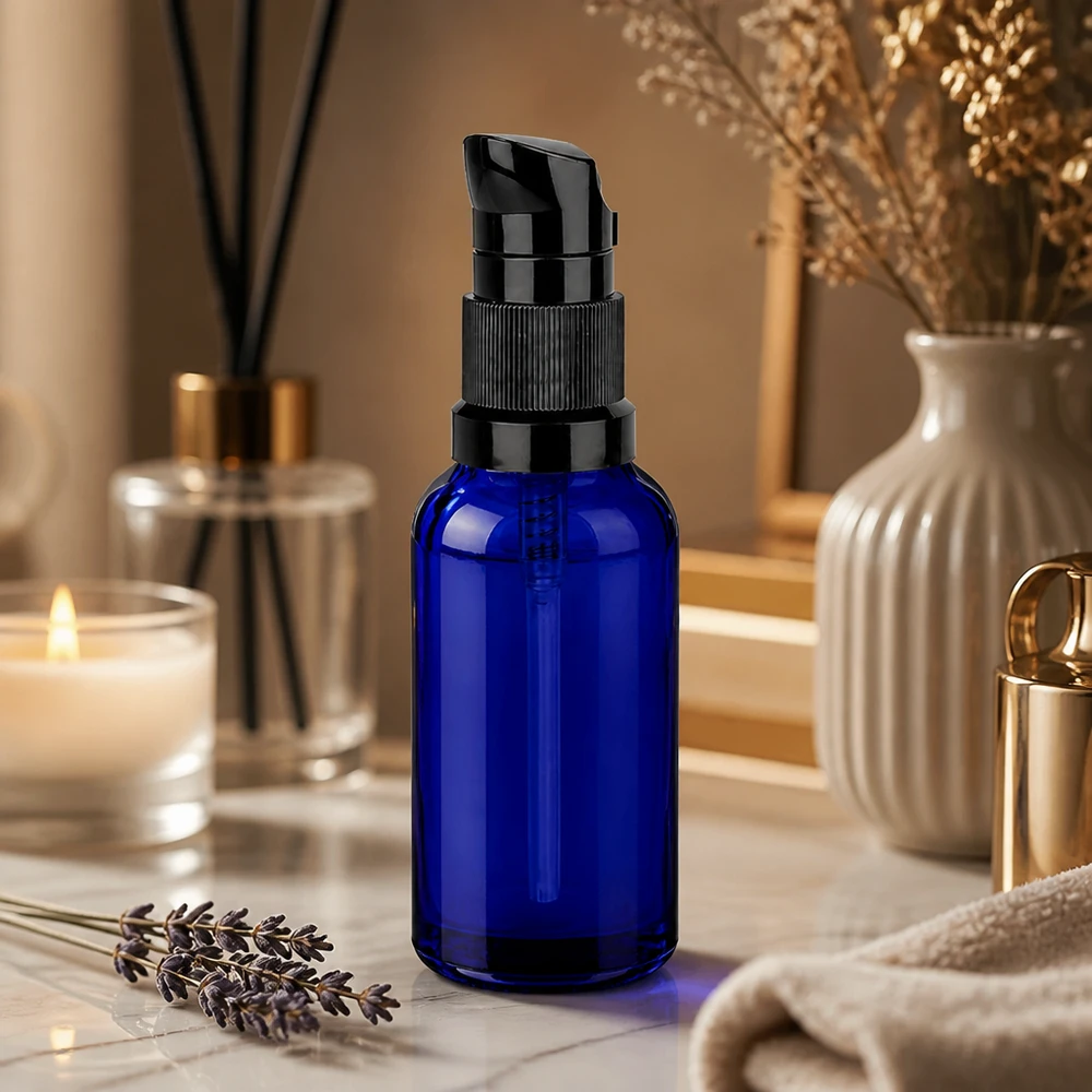Frasco doseador elegante de 30 ml com doseador preto mate para uma rotina de cuidados de pele luxuosa
