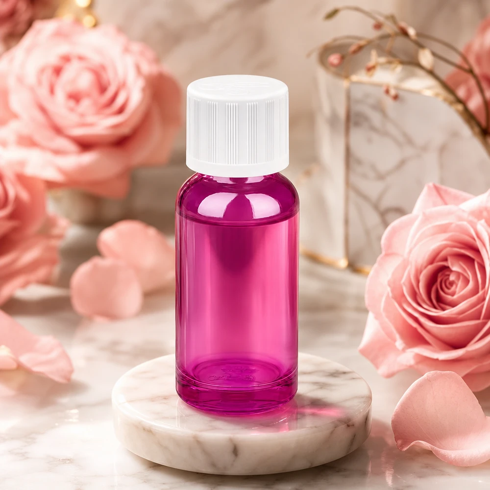 Frasco violeta de 20 ml com fecho de segurança para crianças, ideal para aromaterapia e produtos de beleza