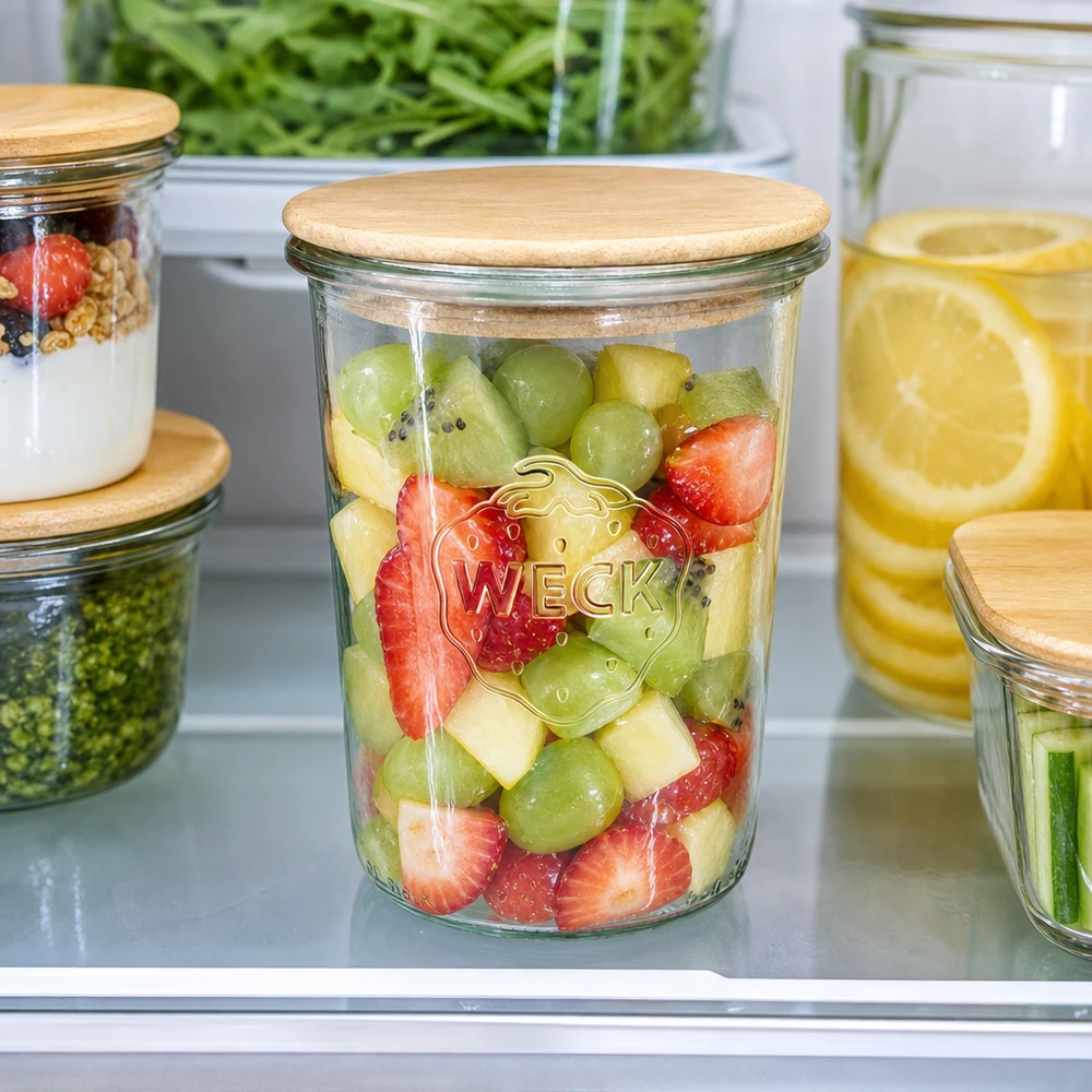 Copos de vidro WECK RR100 de 850ml com tampa de madeira WECK Sturzglas 850ml RR100 Holzdeckel Kühlschrank Obstsalat Meal Prep frische Früchte Kiwi Erdbeeren Aufbewahrung