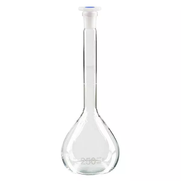 Balão volumétrico de 250 ml com junta esmerilada standard e rolha PEHD Balão volumétrico de 250 ml com junta esmerilada standard e rolha PEHD