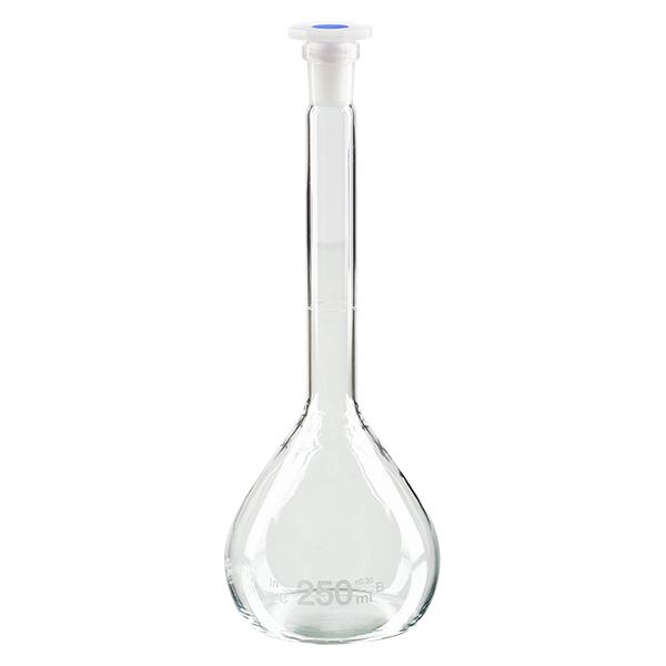 Balão volumétrico de 250 ml com junta esmerilada standard e rolha PEHD Balão volumétrico de 250 ml com junta esmerilada standard e rolha PEHD